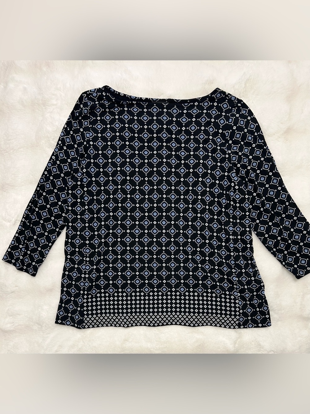 J. Jill Navy and White Geometric Boatneck Long Sleeve Top